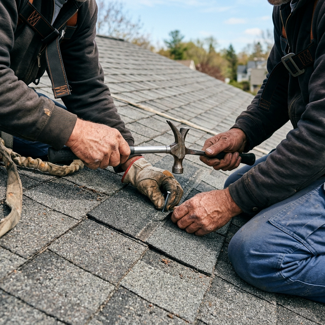 Roofer replacing a shingle