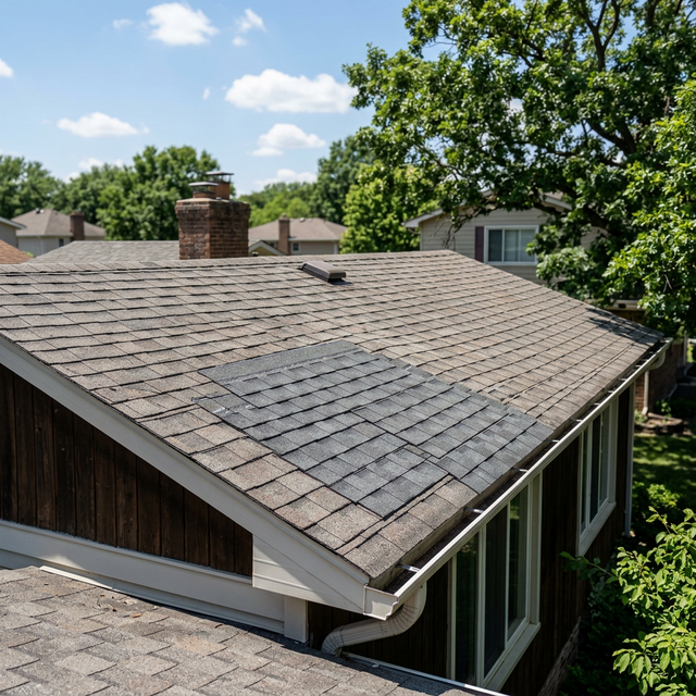 Roof patch job showing new shingles